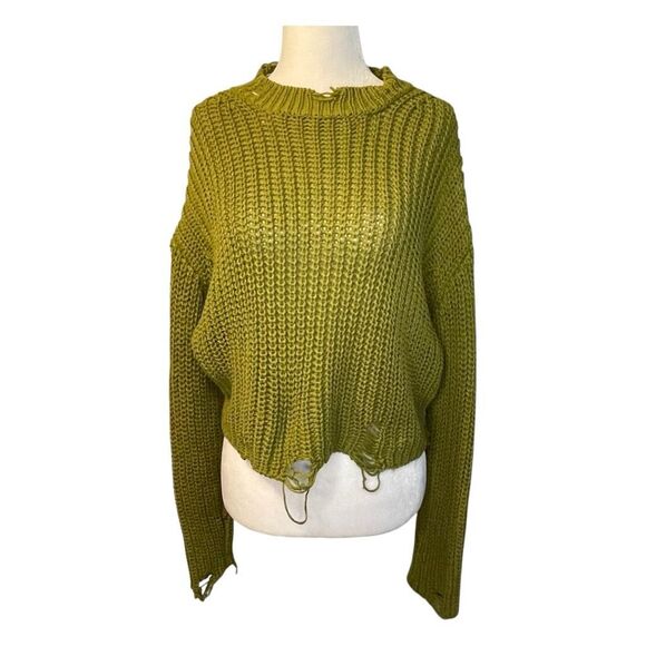 Zara Distressed Crewneck Sweater Olive Green Chunky Knit Long Sleeve S - Picture 3 of 9